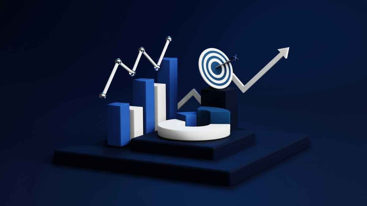 3D bar graph with rising trendline and target on dark blue background