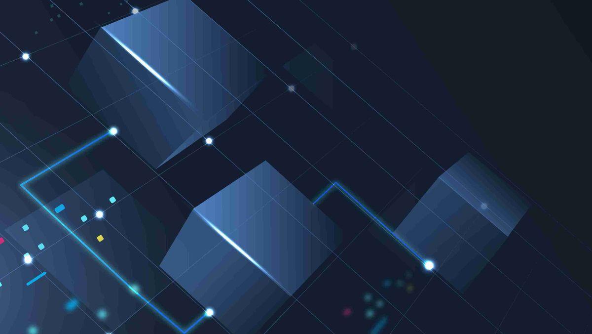 Three cubes, each in a gradient of blue, illustrate the concept of blockchain technology